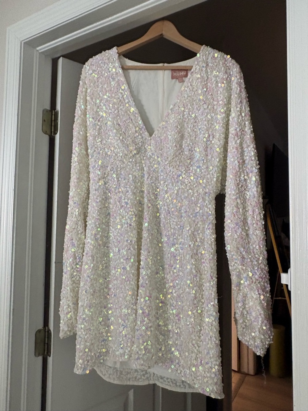 Show Me Your MuMu White Tag with Gold Logo and Iridescent Sequins